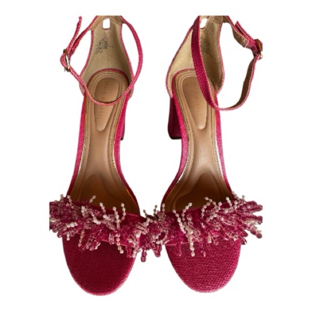 Kelly & Katie Hasana Fringed Chunky Block Heel Sandal Pink & White - Picture 4 of 7